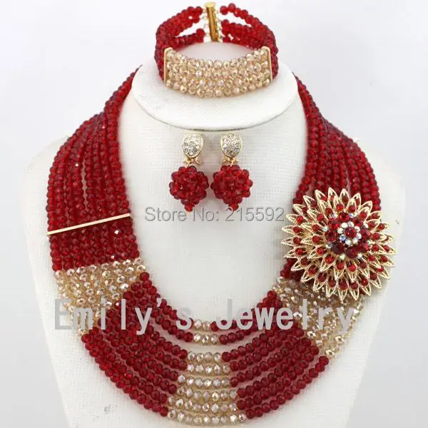 New Design Multistrand Nigerian Wedding Jewelry Set With Rhinestone Flower Women African Beads Jewelry Set Free