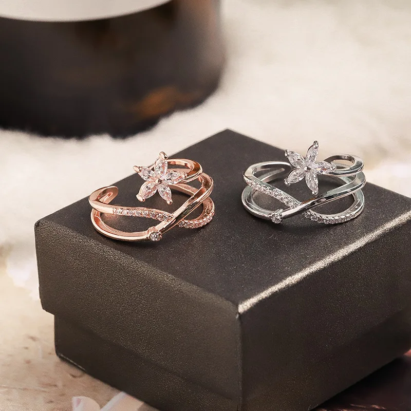 

New Fashion Rings For Women Multi-Layers Criss Cross Zirconia Flower Ring Jewelry Rose Gold Color Bijoux Gifts Adjustable
