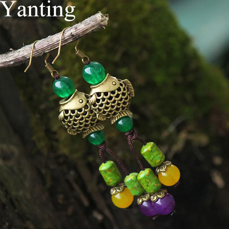 

Yanting Vintage Copper Alloy Fish Earrings For Women Handmade Ethnic Stone Green Chalcedony Beads Tassel Brincos Female 0106