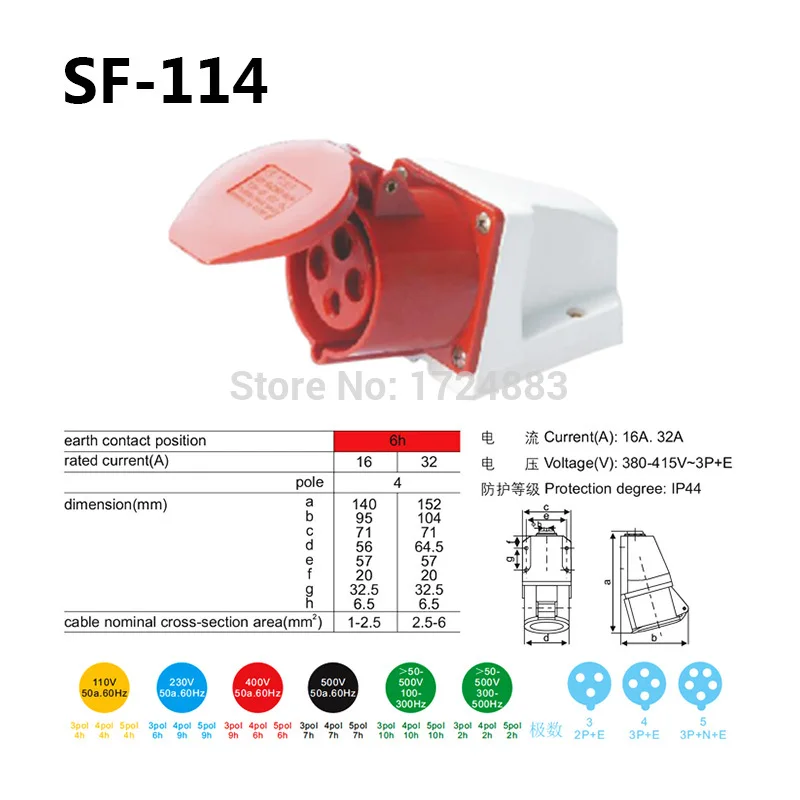 16A переменного тока 3-полюсный разъем мужской и женский розетки SF-114/SF-314/SF-414/SF-514/SF-614/SF-114L водонепроницаемый IP44 380-415V~ 3P+ E
