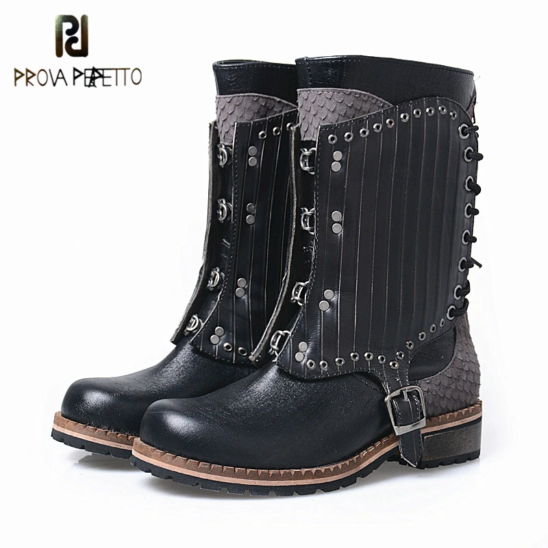 

Prova Perfetto New Fashion Casual Lace-up Patchwork Genuine Leather Women Boots Buckle Metal Decoration Comfortable Martin Boots