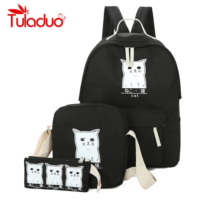 

Women Backpack Cat Printing Canvas School Bags For Teenager Girls Preppy Style 3 Set/PC Rucksack Cute Book Bag Mochila Feminina