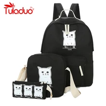 Women Backpack Cat Printing Canvas School Bags For Teenager Girls Preppy Style 3 Set PC Rucksack