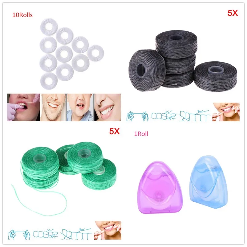 10Rolls/5Rolls/1Roll White Green Black Dental Flosser Built-in Spool Wax Mint Bamboo Charcoal Replacement Flat Wire Dental Floss