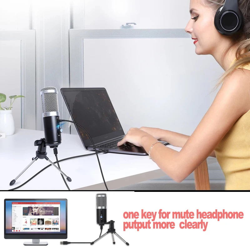 Professional Microphone Condenser for Computer PC USB Plug+Tripod Stand YouTube Broadcasting Recording Microfone Karaoke Mic