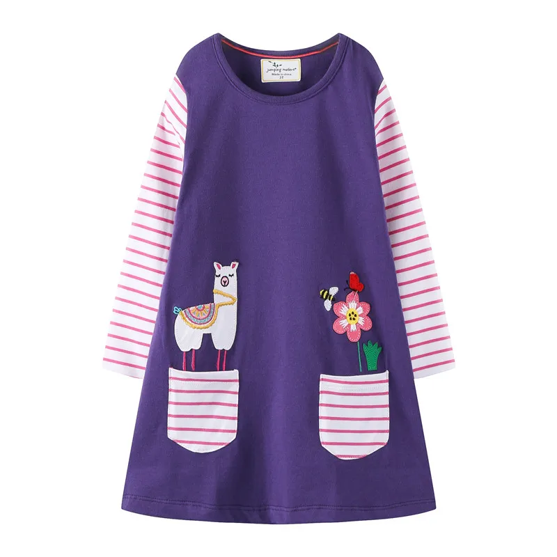 Jumping meter/платье с длинными рукавами для девочек; Повседневная хлопковая одежда с аппликацией в виде животных для маленьких девочек; весенне-осенняя и зимняя одежда для малышей - Цвет: T7772  purple
