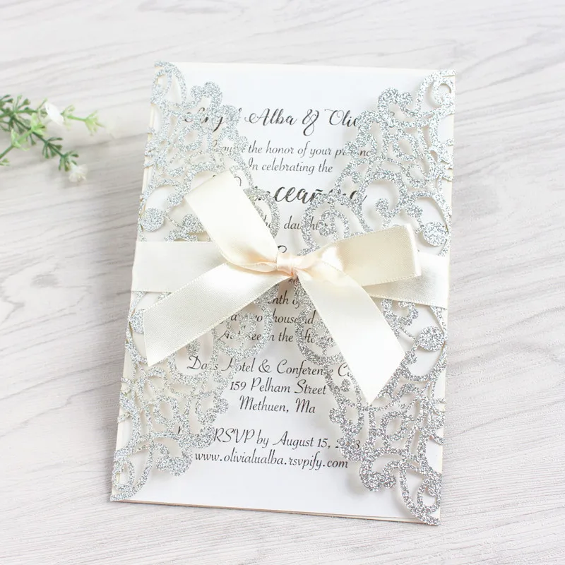 

Glittery wedding invitations for wedding elegant laser cut silver gold ribbon decoration customized printing free ship