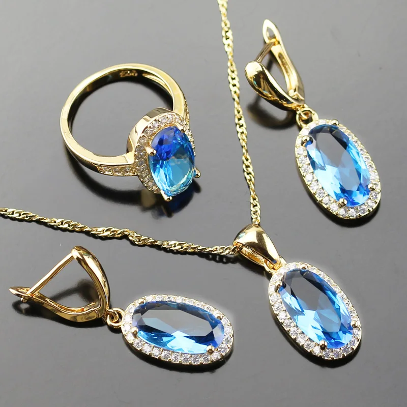 

Gold Color Jewelry Set For Women Sky Blue Crystal White Zircon Rings/Earrings/Necklace/Pendant JS16GD-1SKBL