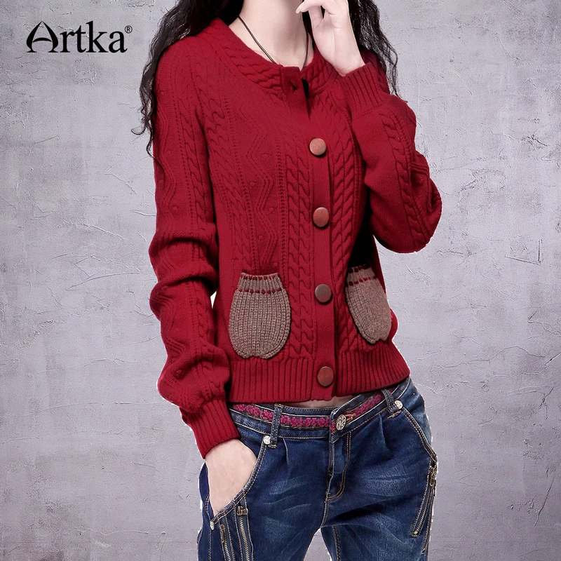 ^*Best Offers ARTKA Women's Autumn Retro Nostalgic Cable Knit Turtle O-Neck Round Pockets Single Breasted Long Sleeve Woolen Cardigan YB14339D