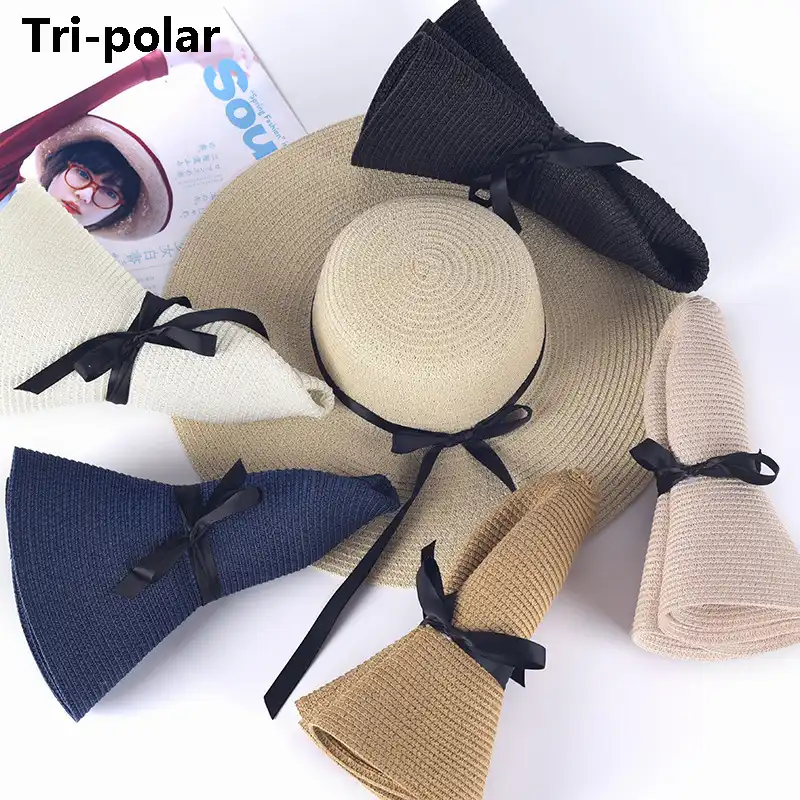 Tri-polar Спортивная Солнцезащитная шляпа с лентой, пляжная шляпа, летние шляпы для женщин, соломенная Кепка, летняя Женская Складная широкая пляжная шляпа от солнца - изображение