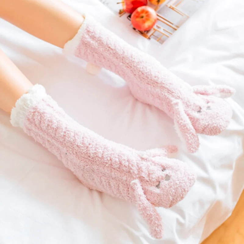Милые носки с животными; женские зимние Бархатные Теплые мягкие домашние носки-тапочки; Kawaii; женские пушистые носки для сна с кроликом и совой