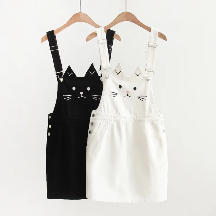 2018 New Summer Women Suspender Dress Harajuku Cute Cat Embroidery Female Overalls Strap Jeans Dresses Sundress Denim Dress