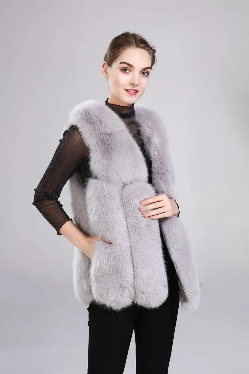 Sale New arrival lady natural fox fur vest real fur waistcoat thick warm fashion medium long jacket 19