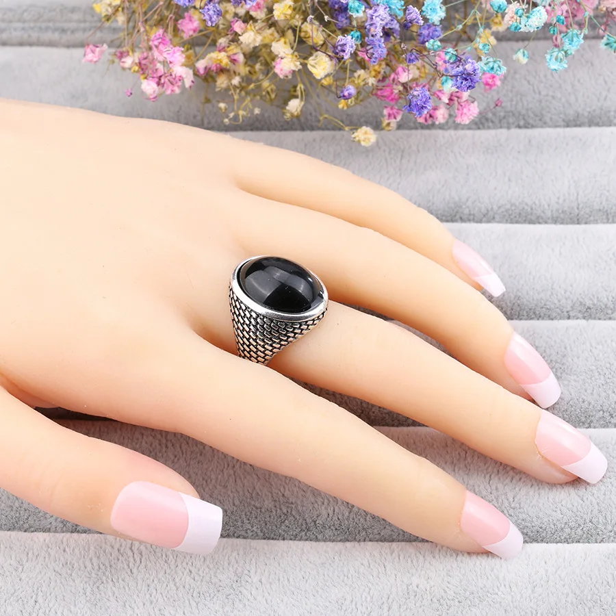 

Luxury Vintage Men's Rings Punk Black Ring Silver Color Oval AAA Resin Turkey Jewelry