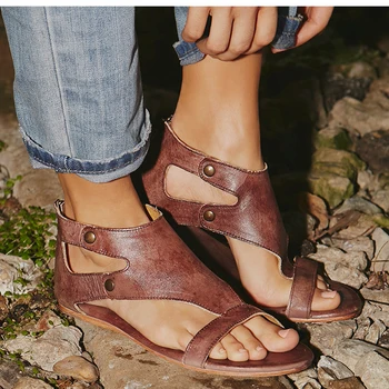 Sandalias planas de piel suave para Mujer, zapatos de talla grande con punta abierta, informales, de Gladiador, para playa