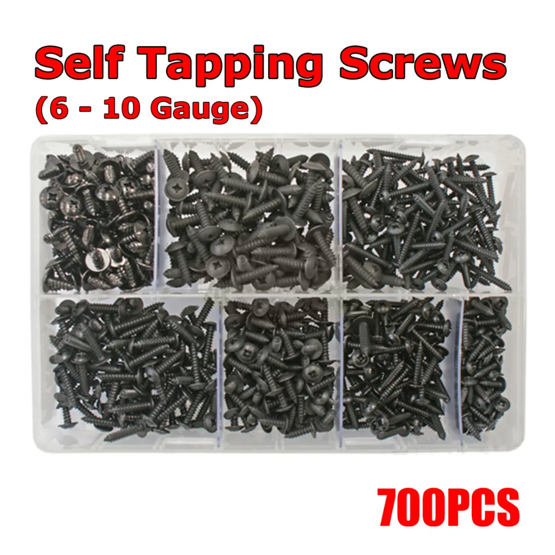 

700pcs/Set Black Metal Self Tapping Screws Kit 6-10 Gauge Quality Nail Screw Fastener Sets Useful Wood Screw Assortment Kit