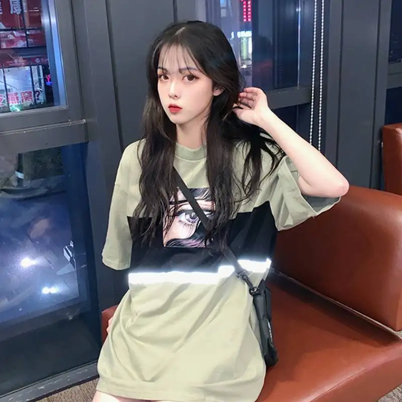المرأة تي شيرت الصيف يا الرقبة المعتاد Harajuku إلكتروني الإنطلاق قصيرة الأكمام الليزر عاكسة أعلى قاع الأزياء المحملة قميص الفتيات