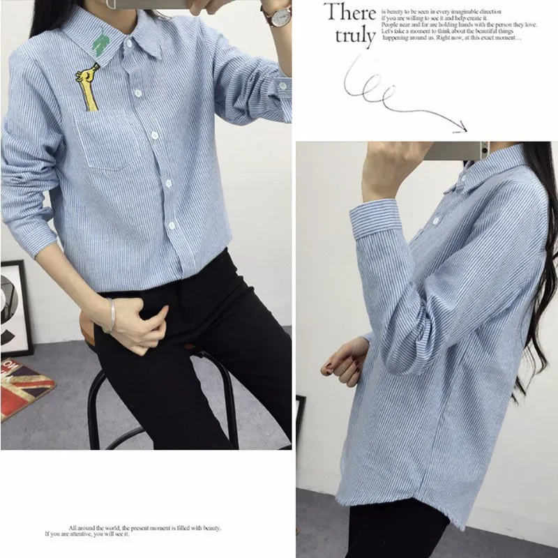2016 New Spring and Autumn Womens Shirt Blouse Cat Embroidery Long Sleeve Women Shirts Casual Tops Size M-XL12