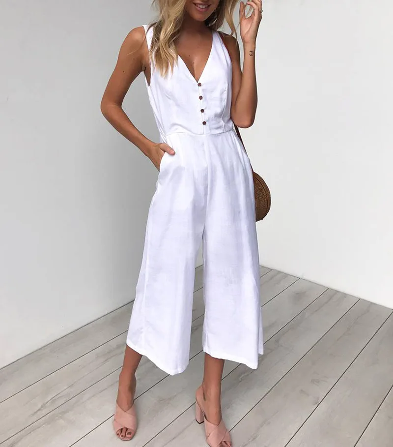 الصيف مثير المرأة بذلة أكمام عارية الذراعين مستقيم الساق Playsuit سيدة الصلبة زر V الرقبة طويلة ارتداءها السروال القصير الإناث 311Y الصيف مثير المرأة بذلة أكمام عارية الذراعين مستقيم الساق Playsuit سيدة الصلبة زر V الرقبة طويلة ارتداءها السروال القصير الإناث 311Y