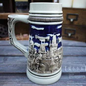 

Vintage Style Ceramic German Beer Mug Vaclavske Namesti Hand Painted Mugs Embossed Pattern Coffee Cup 10*18cm