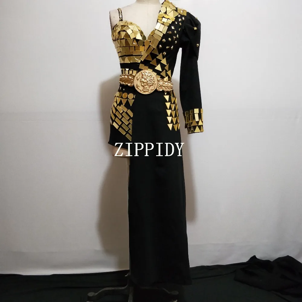 

Gold Mirrors Bodysuit Half Jacket Black Coat Design Party 2 Pieces Set Dj Female Singer Nightclub Dance Costume Sequins Leotard