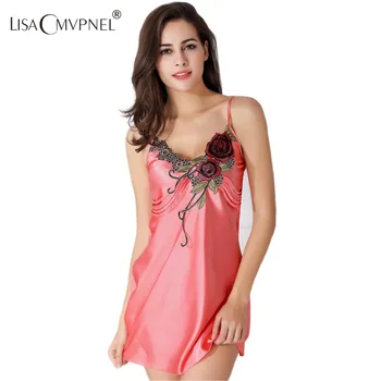 

Lisacmvpnel High Quality Embroidered Rayon Women Nightdress V-Neck Sleeveless Thin Female Nightwear