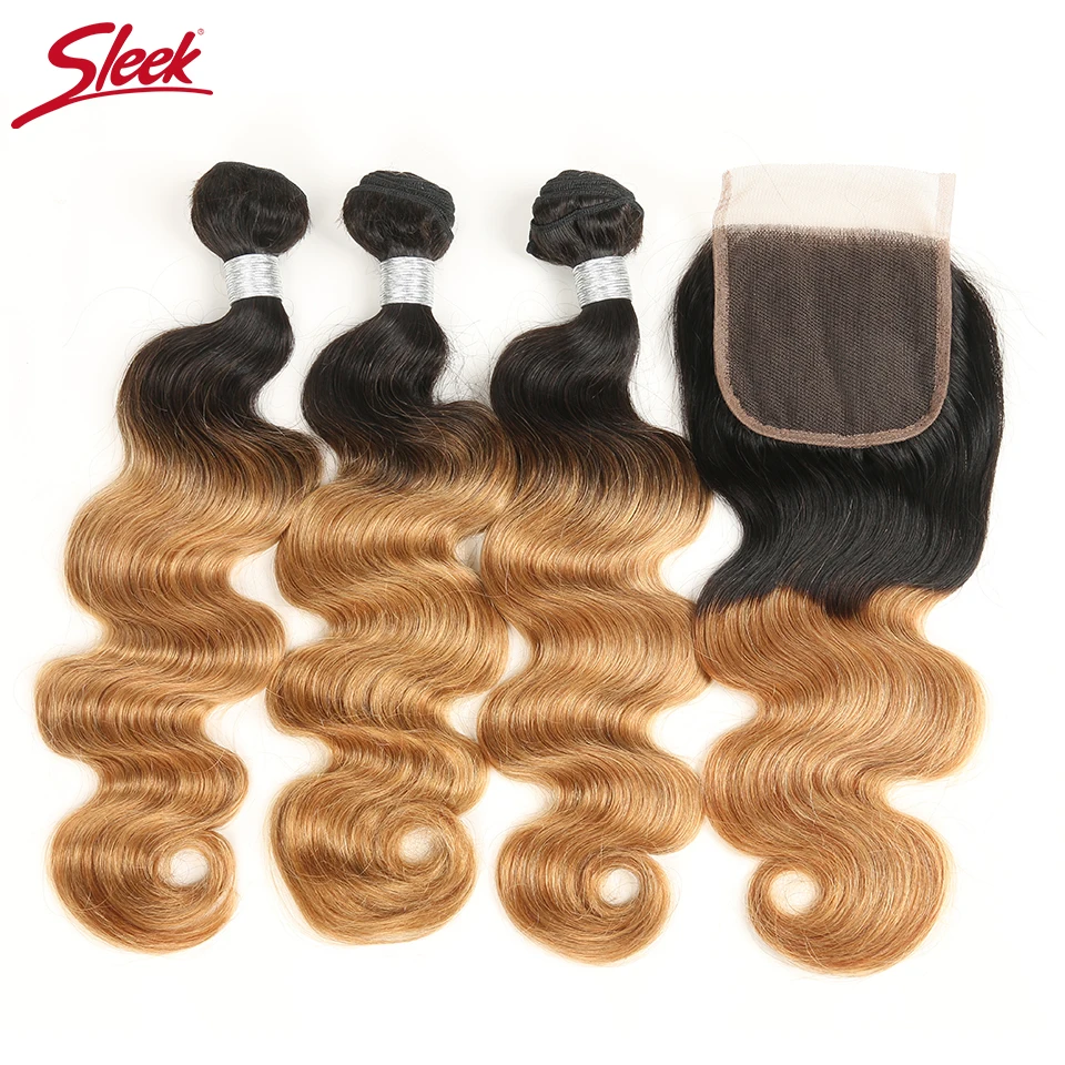 

Sleek Ombre Brazilian Body Wave 3 Bundles With Closure Color 1B/27 Remy Human Hair Weave Bundles With Lace Closure