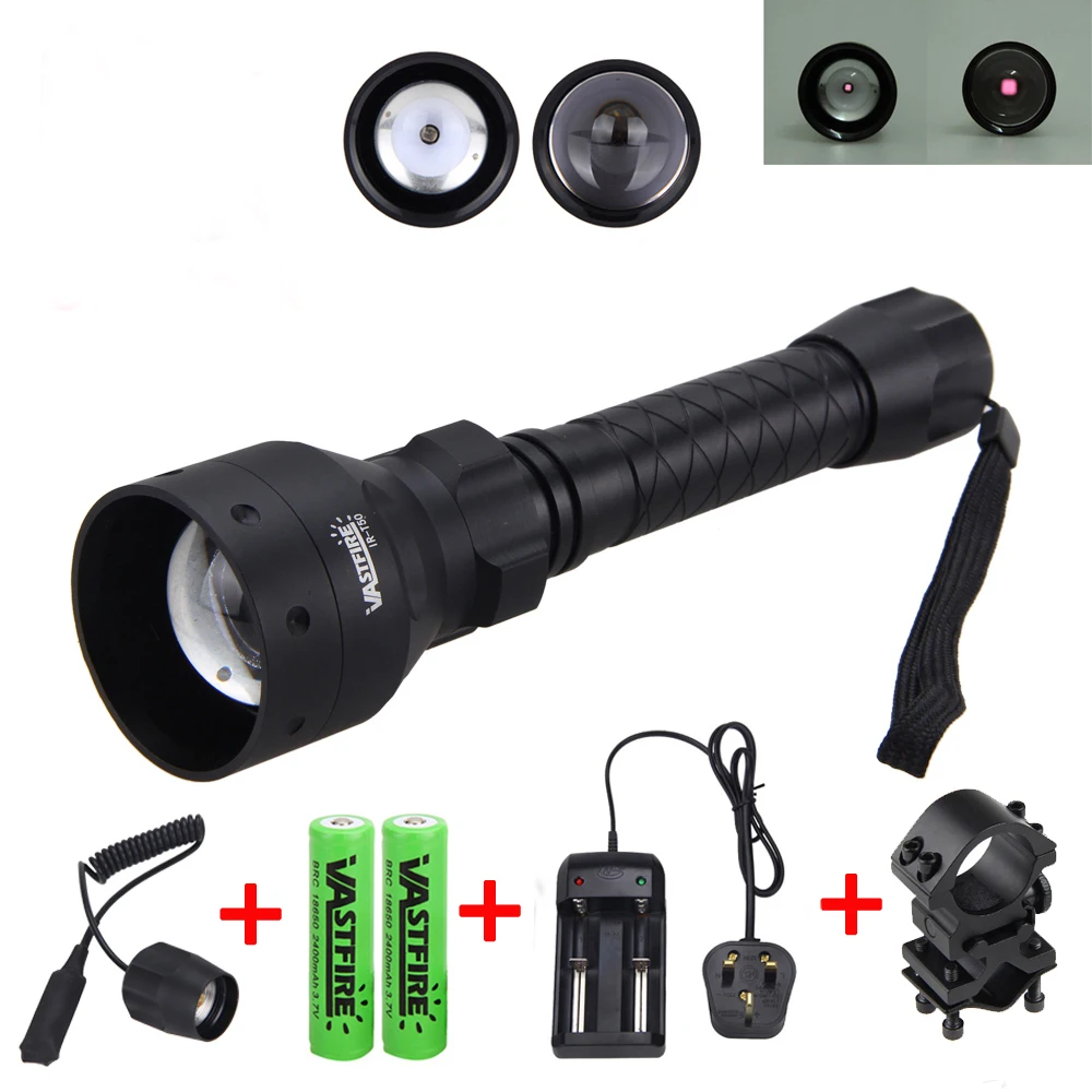 Tocha de Longo Infravermelha + 25mm Caça Alcance Lanterna Rifle Montagem Interruptor Pressão Remoto 2 Pcs Bateria Carregador 850nm ir