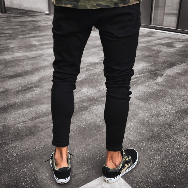 Men Jeans Stretch Destroyed Ripped Design Black Pencil Pants Slim Biker Trousers Hole Jeans Streetwear Swag Pants