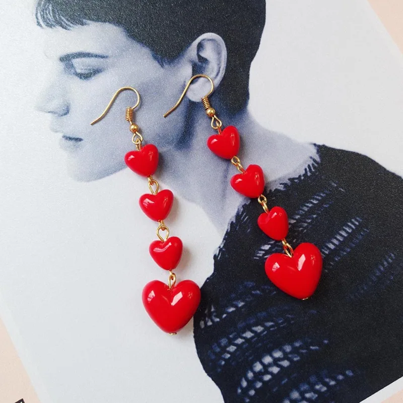 

New Romantic Cherry Red Love Heart Earring Long Drop Dangle Earrings For Women Girts Fashion Party Wedding Ear Jewelry Gifts