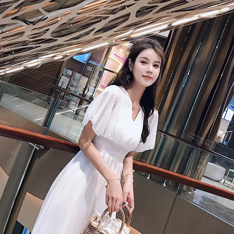 

Summer Chiffon Tulle Midi Dress Women White Sexy Boho Elegant Short-sleeved V-neck Large Swing Beach Vintage Club Party Dresses