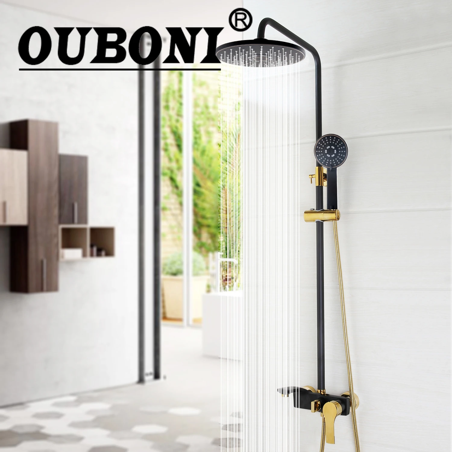 

OUBONI Luxury Bathroom Rain Mixer Shower Combo Set Wall Mounted Rainfall Shower Head System Black Gold-plated Shower Faucet