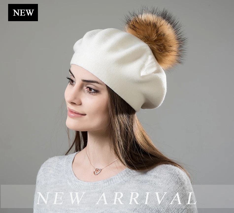 Women Beret Wool Hat Winter Knitted Wool Berets Real Fur Pompom Hats Beanies Female Top Quality Beret Cap (1)
