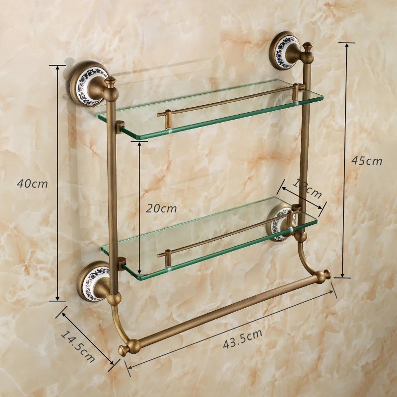 Ванная комната Стекло полка 2-го уровня, приходя с Полотенца бар, душ кэдди ванны корзины, настенное крепление, античная латунь, бронзовая