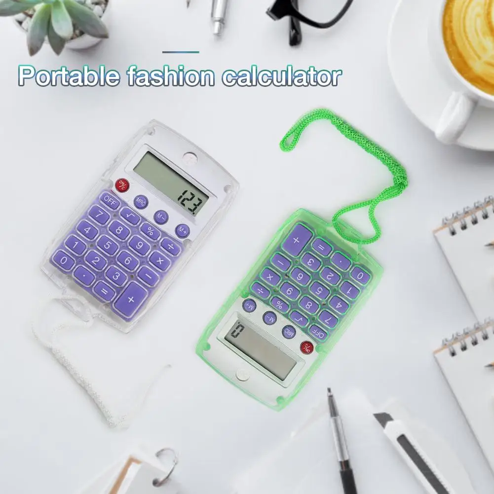 

8 Colors New Mini Transparent Calculator Student Exam Lanyard Pocket Office Electronic Calculating Counter