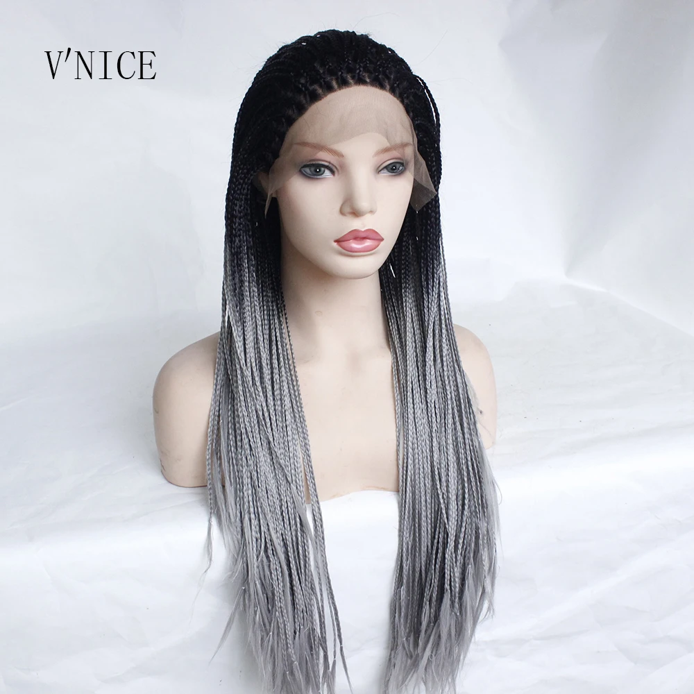 V'NICE Dark Black Ombre Grey Braid Wig Long Gluelesss Heat Resistant