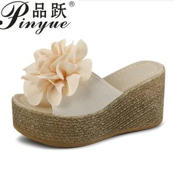 

hot Summer Platform Wedges Flip Flops Women Flowers Beach Sandals Fashion Casual Mid Heels Shoes Bohemian Slippers Black