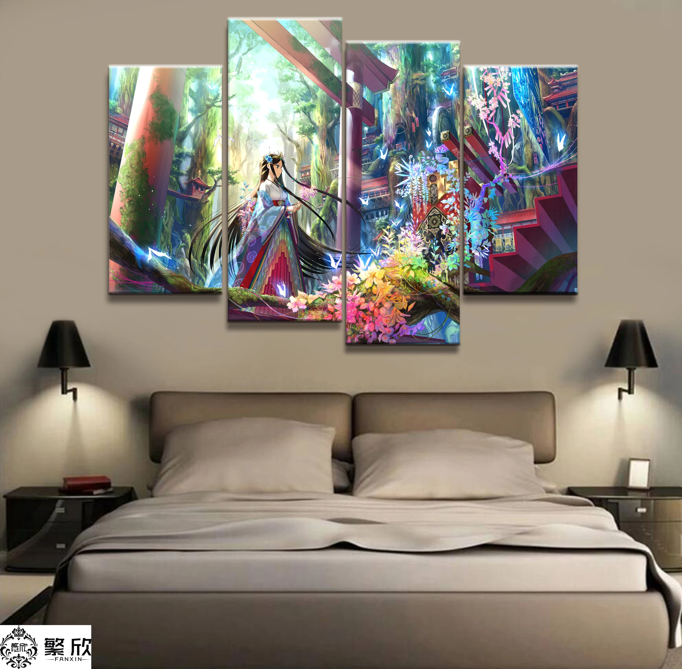 

Hot Sales Without Frame 5 Panels Picture Cartoon Kimono Girl Canvas Print Painting Artwork Wall Art Canvas Painting Wholesale