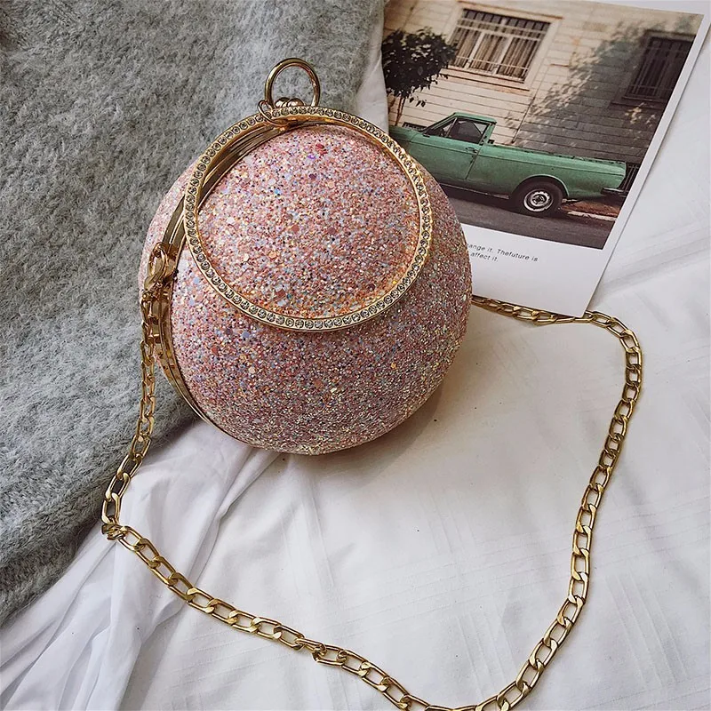 

2019 Luxury Women Evening Day Clutch Bags Crystal Diamonds Scale Ring Ball Clutches for Lady Messenger Purse Chain Dinning Bag