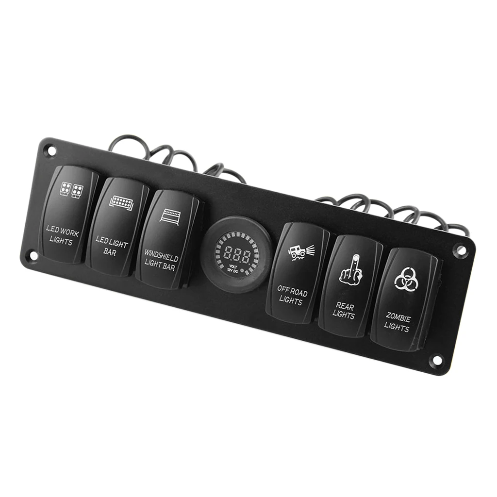 6 Gang Car Marine Boat Circuit RV LED Toggle Rocker Switch Panel Breaker Voltmeter for RV Car Boat Colorful Light