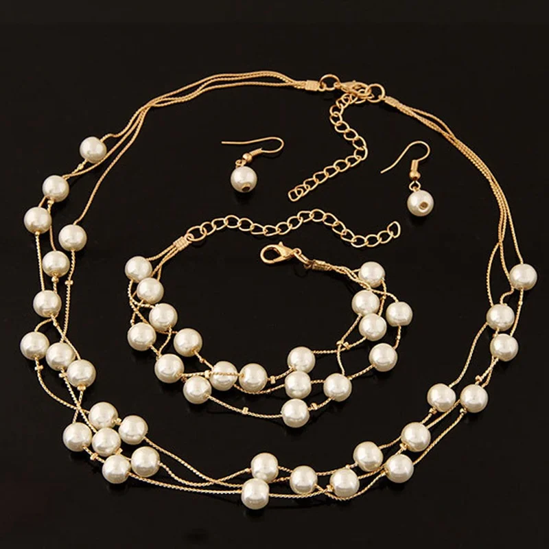 

Fashion Imitation Pearl Jewelry Set Simulated Pearl Double Layer Women Earrings Necklace Bracelet Sets For Wedding
