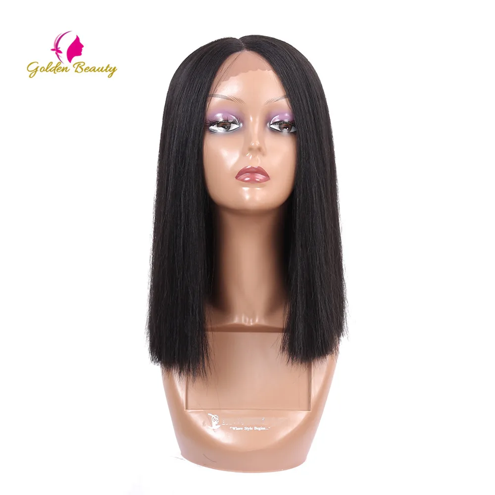 

Golden Beauty 12inch Silky Straight Black Short Bob Wig Middle Part Synthetic Lace Front Wig For Women