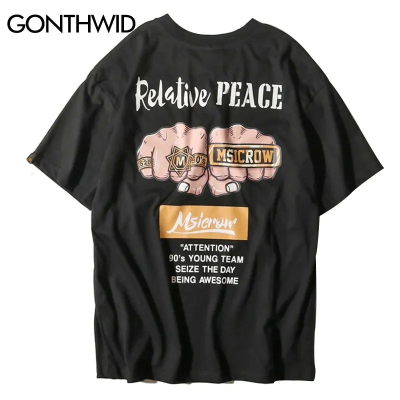 

GONTHWID Power Fist Printed Mens T-Shirts 2019 Spring Summer Fashion Casual Short Sleeve Top Tees Hip Hop Streetwear Tshirts