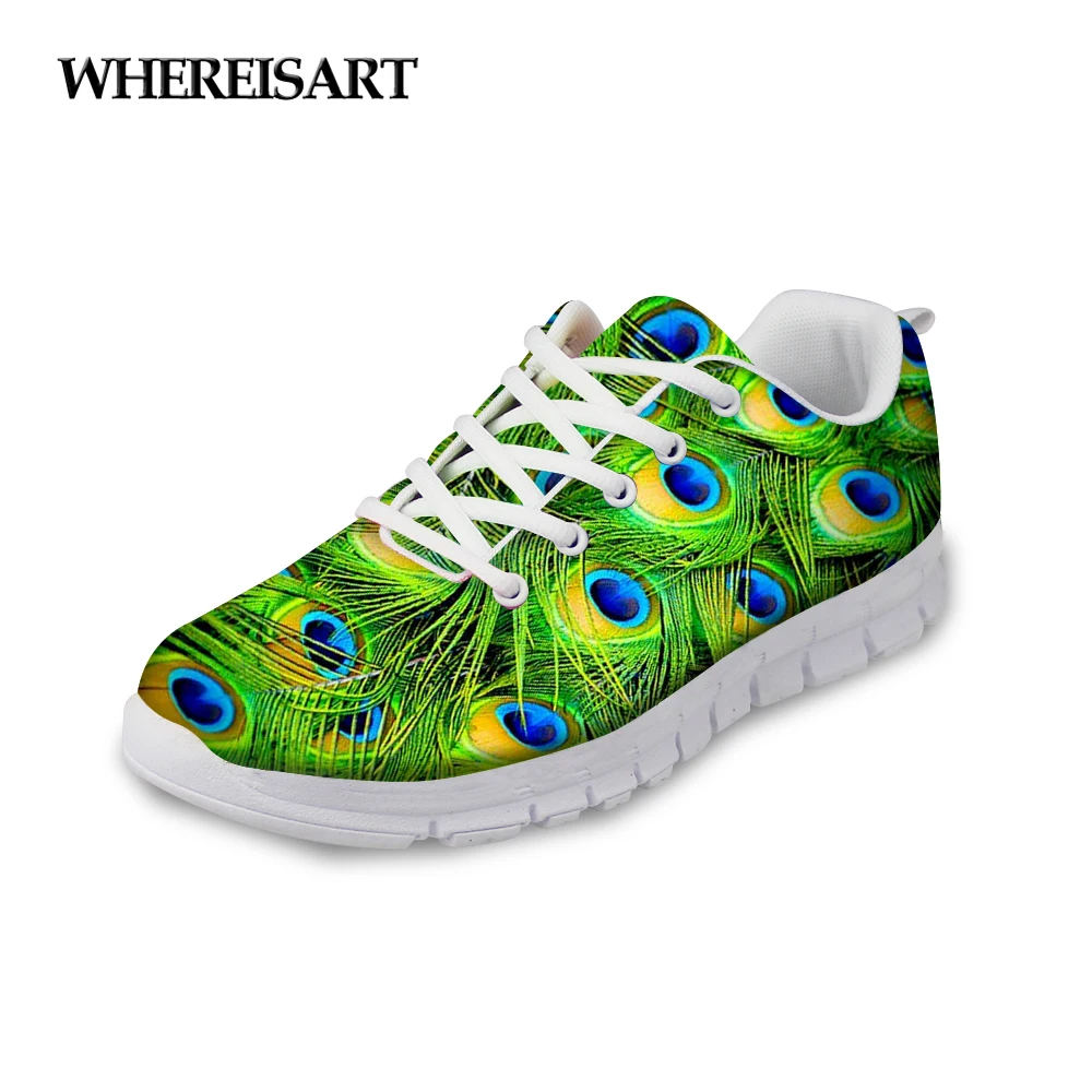 

WHEREISART Sneakers Women Spring Shoes 2019 New Peacock Feather Printed Breathable Mesh Footwear Walking Ladies Tenis Feminino