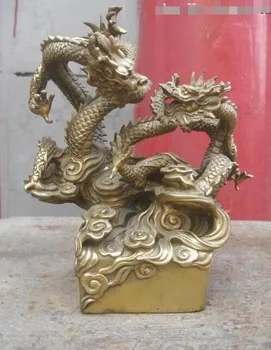 

YM 308 China copper Brass Carved fengshui Two dragon convolute Sculpture Statue