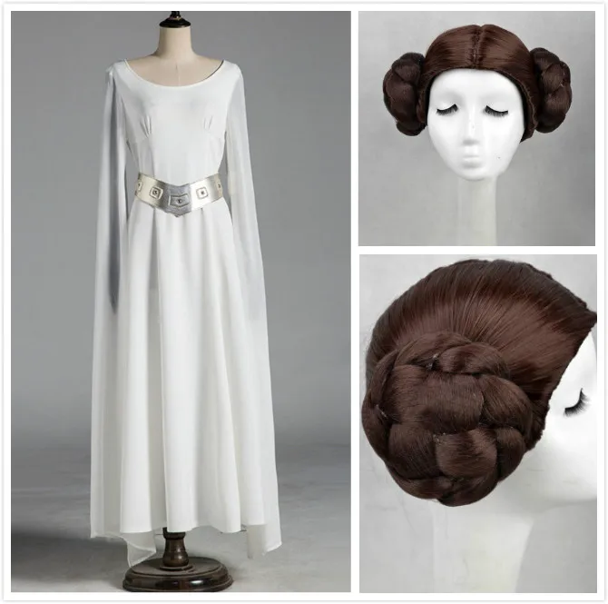 

Woman Star Wars Princess Leia Organa Solo Cosplay Long White Dress Wig 2PCS Set Adult Halloween Carnival Cosplay Disguisement