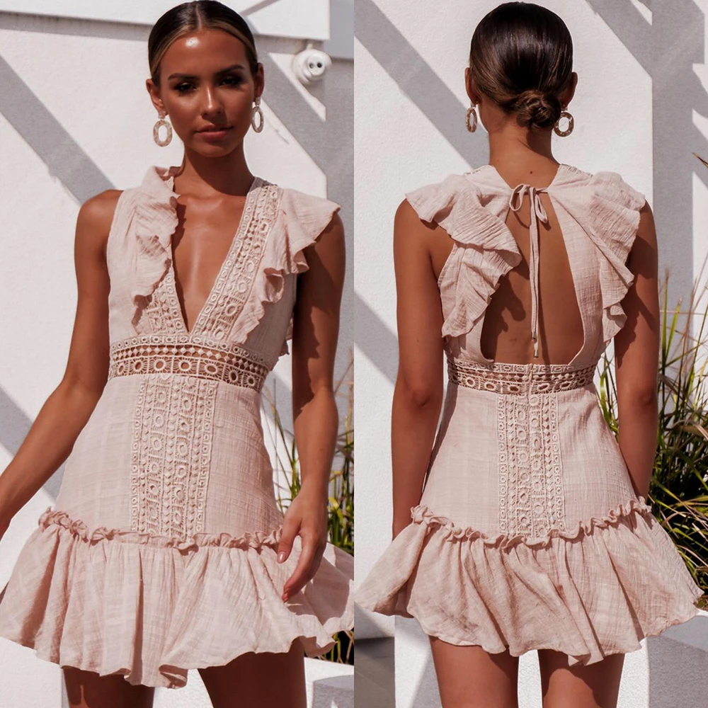 

Gold Hands 2019 New Hot Summer Female Party Club Mini Dress Lace Crochet Dress Women V Neck Hollow Out Boho Beach Ruffle Dress
