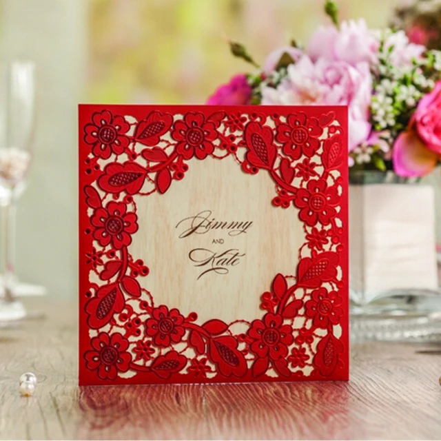 10 pieces lot hollow out lace wedding invitations red gold white