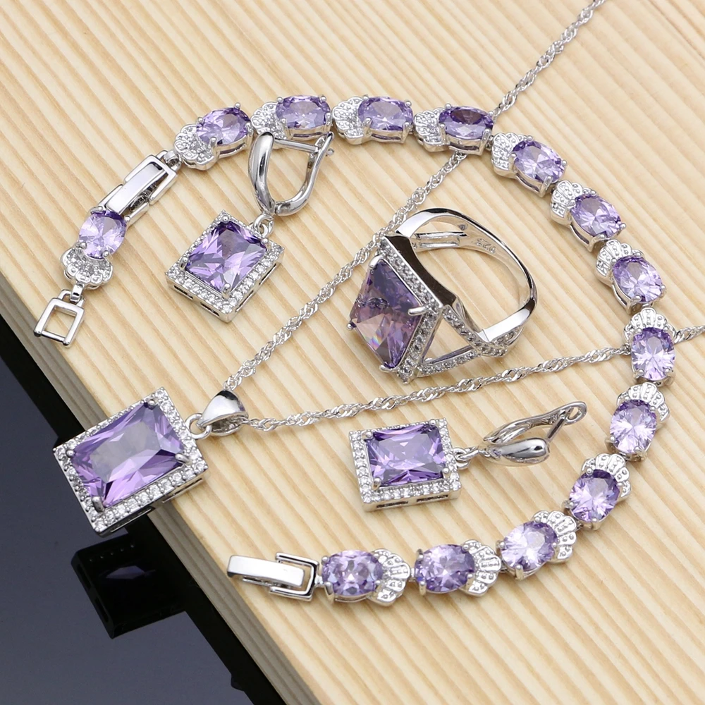 925 Sterling Silver Jewelry Purple CZ White Zircon Šperky sady pro ženy Náušnice / Přívěsek / Náhrdelník / Prsteny / Náramek