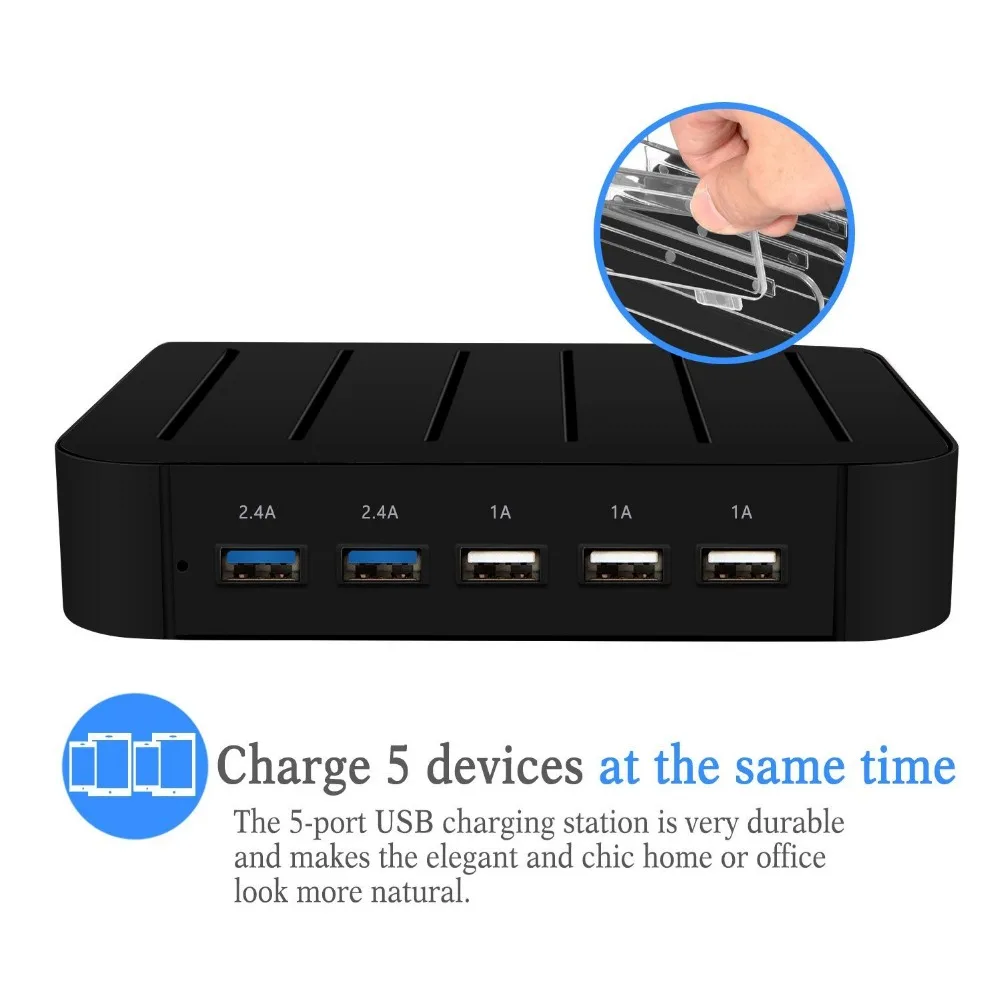 Evfun USB شحن محطة المنظم حوض 5 ميناء شاحن مكتبي نمطي الهاتف المحمول فون متعددة عمود شحن متعددة جهاز
